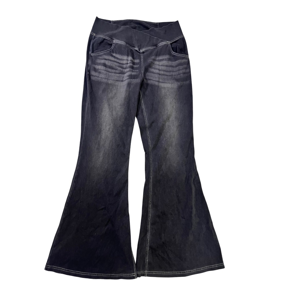 Halara Flex Crossover Waist Flare Jeans Charcoal Faded Black Womens XL NEW - Picture 2 of 10